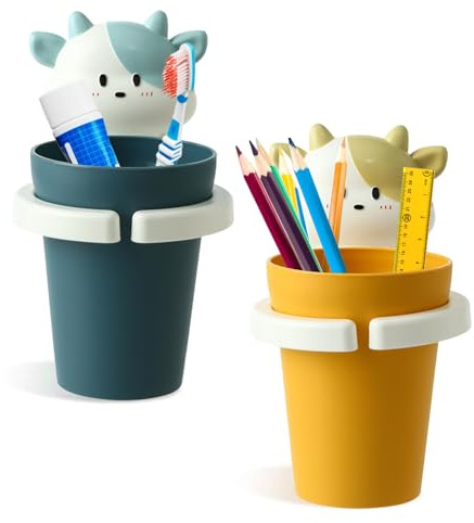 SoeUyd 2 Stücks Zahnputzbecher Kinder, Zahnbürstenhalter Kinder, Kinder Zahnbürstenhalter Mit Tasse, Cartoon Zahnbürstenbecherständer, Geeignet für Badezimmer und Kinderzimmer
