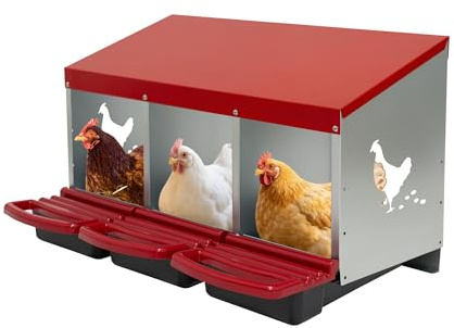 Thanaddo Legenest für Hühner aus Metall mit Lüftungslöchern und geneigtem Boden, 3 Abteilungen Hühnernest hühnerhaus für gelegte Eier zum Aufhängen, LxBxH 81 x 48 x 53,4 cm, Rot