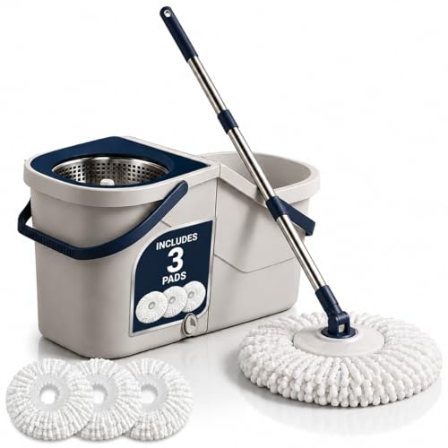 MEOWN Spin Mop and Bucket Set, Dual Water Bucket, 3 Pads, Telescopic Handle | Dual-chamber spin mop and bucket with stainless steel wringer, telescopic handle, 360° head and three washable pads