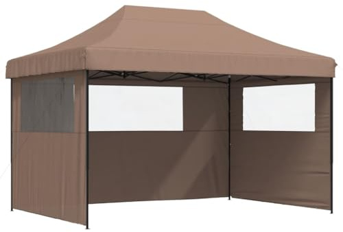 Qnhdfrt Faltpavillon Pop-Up Partyzelt 410 x 279 cm, Klappbarer Gartenpavillon mit 3 Seitenteilen und transparenten Fenstern, Festzelt aus Stahl für Partys und Events, Braun