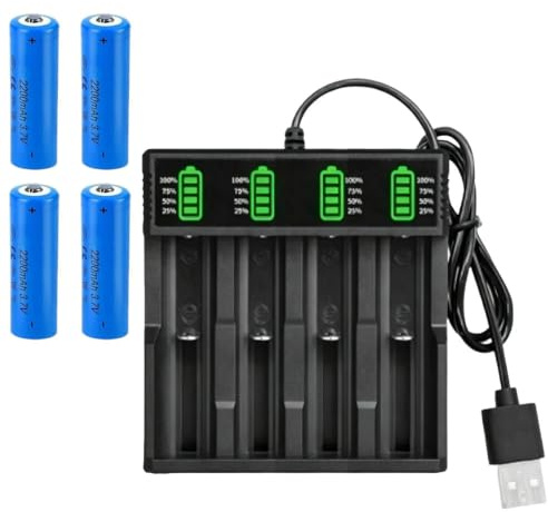 RNPKZ Lot de 2 batteries rechargeables 3,7 V NIMH de 2200 mAh avec chargeur 4 seuls, chargeur de batterie avec câble USB, indicateur LED, pour lampe de poche, lampes frontales, appareil photo