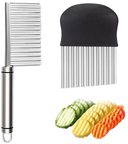 Set di 2 Coltello Affetta Verdure Ondulato in Acciaio Inox, Taglia Patate a Bastoncino Professionale, Tagliapatate per Patatine Fritte e Frutta, Lama Ispessita e Affilata per Cucina DIY