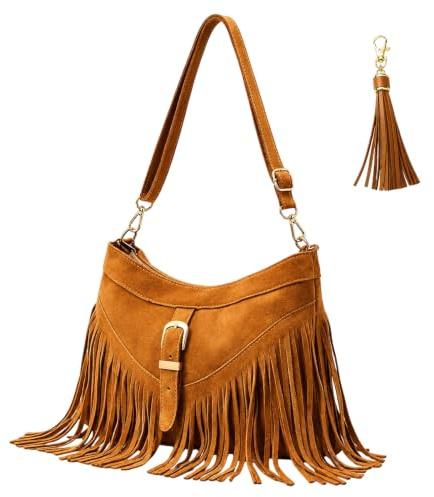 Women Fringe Hobo Handbag, Bohemian Style Leather Handbag with Tassel Details, Fringe Handbag with Adjustable Strap, Brown Tassel Bag for Western Fashion and Festival Events