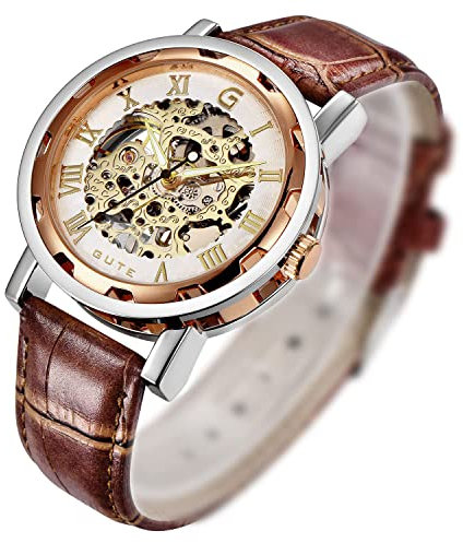Gute Steampunk Herrenarmbanduhr, Mechanische Armbanduhr, Römische Zahlen, Braunes Lederband Analog, Rosegold mit Weißem ZIfferblatt, Leuchtende Zeiger