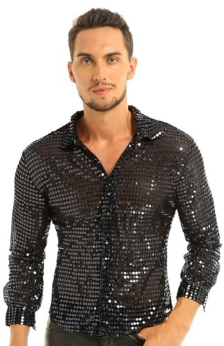 Alvivi Homme Chemise Paillettes Brillant Chemise Disco Soirée Rave Party T-Shirt Manches Longues Costume De Carnaval Fête Performance Clubwear M-XL Noir M