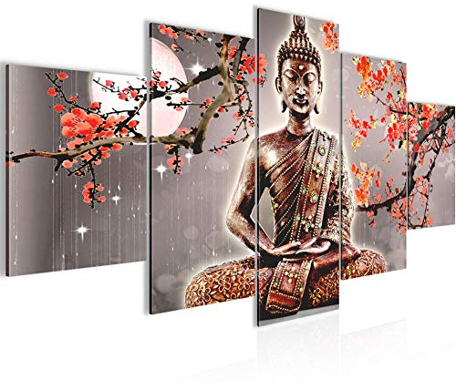 Runa Art Bouddha Feng Shui Tableau Murale Impression sur Toile Intissee 5 Parties Zen Gris Rouge Chambre Salle 500653b