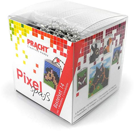 Pracht Creatives Hobby Pixel P90034-63501 Spaß Bastelset 14, zur Gestaltung von 4 Schlüsselanhängern für Kinder, kinderleichtes Stecksystem, ohne Bügeln und Kleben, Steinchen aus Biokunststoff