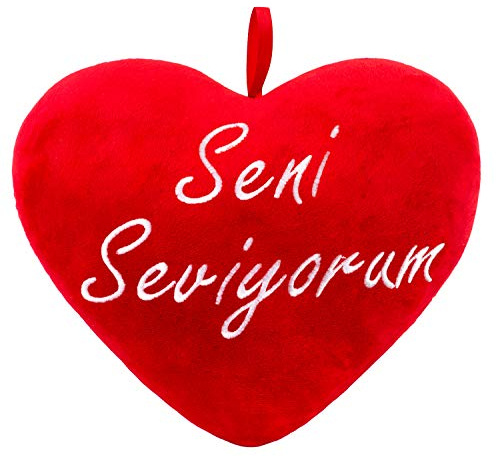 BRUBAKER Plüschkissen in Herzform - Seni Seviyorum - Rot 32 cm - Herzkissen Bestickt