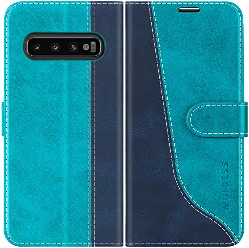 Mulbess für Samsung Galaxy S10 Hülle, Handyülle Leder mit Kartenfach, Klapphülle mit Magnetverschluss, Flip Case Etui Handytasche Schutzhülle, Stilvoll Mint Blau