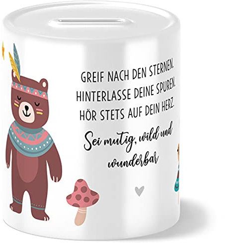 OWLBOOK® Boho Bär Spardose Kinder Junge Mädchen | Geschenke zur Einschulung | Taufgeschenke | Geschenk Taufe Geburt Geburtstag | Sparschwein | Sparbüchse | Sparkasse | Wiederverschließbar