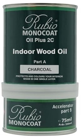Rubio Monocoat Oil Plus 2C Wood Finish, 14 m² - Charcoal | Quick-Dry, Eco-Friendly Linseed Formula for Indoor Surfaces | Includes Accelerator (Part B) | Protector | 350 ML