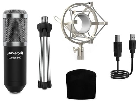 Audibax London 800 USB Silver Pack - Microfono a Condensatore da Studio - Microfono con Connessione USB - Include Supporto, Anti-pop e Cavo USB - Ideale per Podcast, Giochi e Registrazione