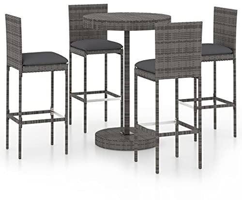 vidaXL Gartenbar Set 5-TLG. mit Kissen Theke Bar Tresen Gartentheke Bartisch Barhocker Stehtisch Barstuhl Gartenmöbel Gartenset Poly Rattan Grau