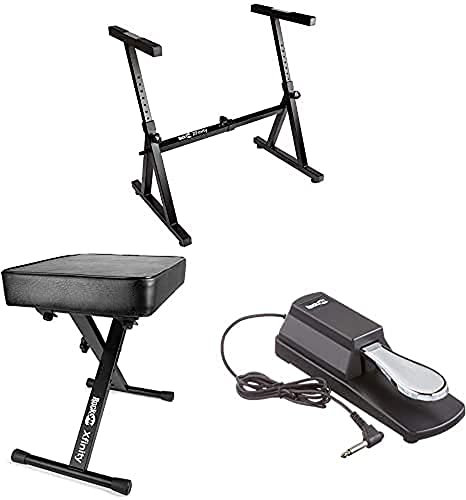 RockJam Z Style Adjustable and Portable Heavy Duty Music Electronic Keyboard Stand + Adjustable Padded Keyboard Bench and Piano Stool + Sustain Peda for Pianos and Keyboards