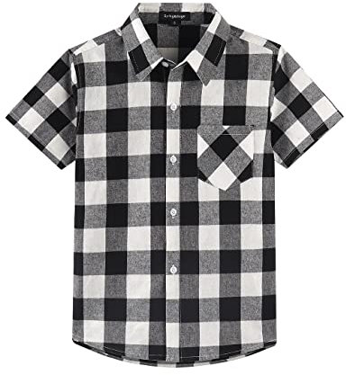 Spring&Gege Chemises à carreaux à manches courtes pour garçon, noir/blanc, 7-8 ans