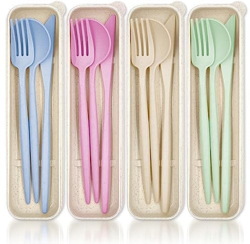 4 Sets Cutlety Set with Case, Eco Friendly Reusable Portable Utensils Plastic Spoon Knife Fork for School Office Travel Picnic Camping Outdoor Use, 4 Colors