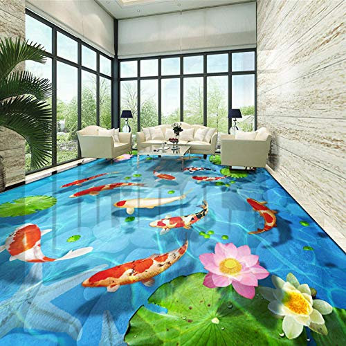 HGFHGD 3D Fototapete Kopfsteinpflaster Lotusblatt Fisch Badezimmer Boden Design PVC wasserdicht Selbstklebende Boden Wandbild Tapete