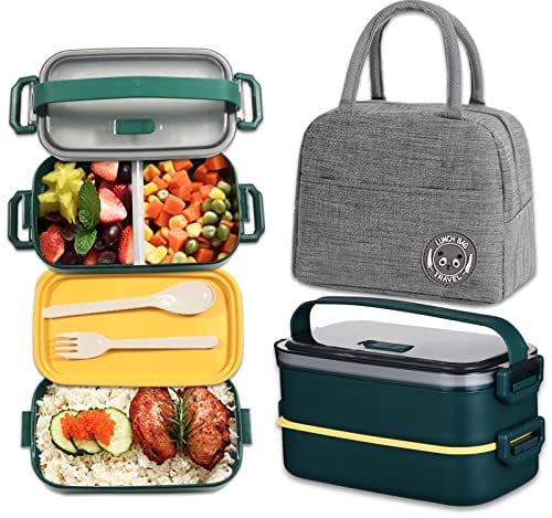 Haoh Bento Lunch Box Kit, 1600 ml Double Couche Boite Repas avec Couverts e Sac Isolant, Hermétique Boîtes Bento pour Pique-Nique, Travail, Goûter, Boîte à Lunch Micro Ondes(Vert foncé)