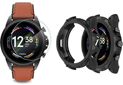 Compatible for Fossil Gen 6 44mm Screen Protector with Case, (2+1Pack) Tempered Glass Film Full Coverage+Silicone Protective Case Compatible for Fossil Gen6 44mm Smartwatch (Black case+2 x Glass film)