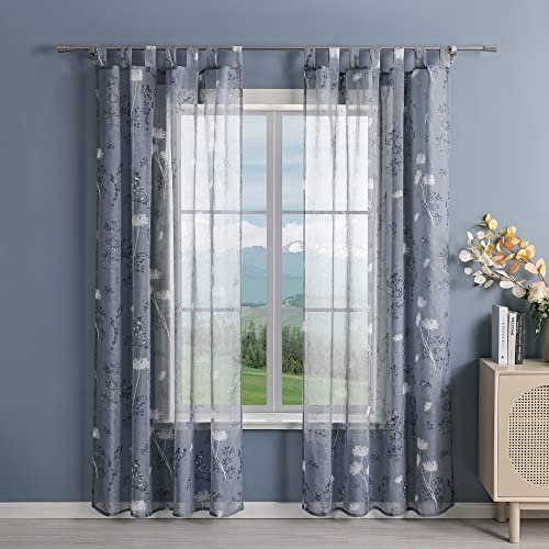 Delien Gardinen Modern Transparente Gardine mit Schlaufen für Wohnzimmer Vorhang mit Blumenmuster »Löwenzahn« Flächenvorhänge Dekoschals Fenstergardine 1 St.,BxH 140x245cm,Grau