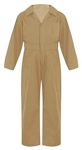 TTAO Kinder Arbeitsoverall Einteilige Blaumann Schutzanzug Jumpsuit Atmungsaktiv Frühling Herbst Junior Rallyekombi Freizeitanzug Größe 110-176 Khaki- 158-164