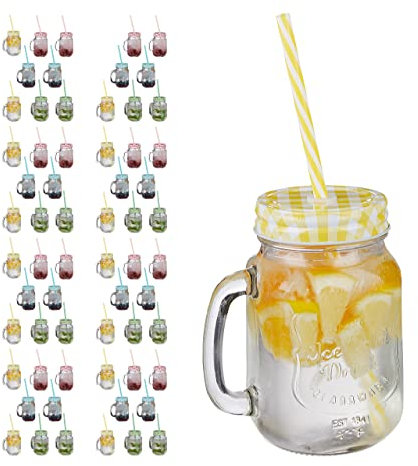 Relaxdays Verres avec Paille, Couvercle et Anse, Lot de 64, HLP 13x10,5x15 cm, 400 ML, Limonade, Boissons glacées, Multicolore