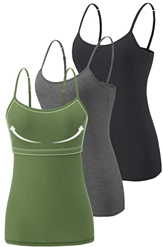 Vislivin Womens Cotton Camisole Adjustable Strap Tank Tops with Shelf Bra Stretch Undershirts Black/Dark Gray/ArmyGreen -1 L