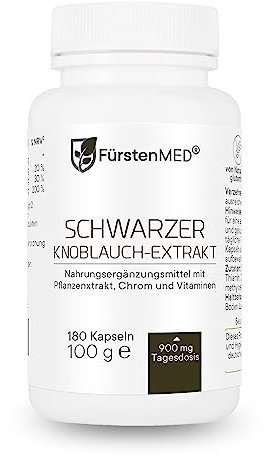 FürstenMED® 900mg Schwarzer Knoblauch Kapseln als 10:1 Extrakt = 9.000mg Reiner Schwarzer Knoblauch (Geruchlos & Fermentiert) 180 Kapseln - Black Garlic Vegan mit Chrom, Vitamin C & B1