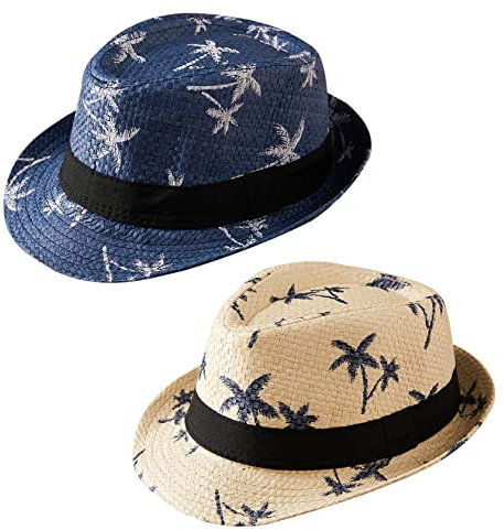 Adigau Enfant Chapeau de Paille Plage Eté Chapeau de Jazz Fille Garçon Panama Chapeaus de Soleil Voyage Beige Bleu Foncé 54 cm