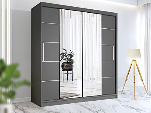 RAC3 Race to Road Modern Bedroom Sliding Wardrobe with LED Light - Ample Storage Space and Sleek Design comes in White/Grey/Black and Width 150cm/180cm/203cm (Gray, 203cm)