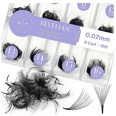 BEYELIAN 500 Fans Premade Fans Eyelash Extensions 0.07mm 10D/20D C/D Curl Volume Lash Extensions Pre Made Fans Lash Extensions Handmade Promade Loose Fans Thin Base 9-16mm Mixed
