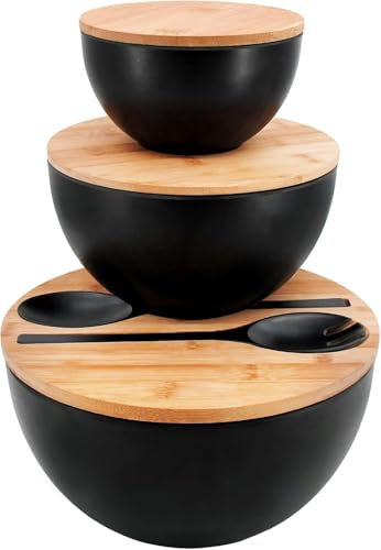 ECOWAY Salad Bowls Set of 3 with Lid & Serving Utensils, Bamboo Fiber Mixing Bowls Set Large Serving Bowls & Storage Set with Bamboo Lid for Salad, Kitchen Eating, Pasta, Popcorn, Chips, Fruit, Black
