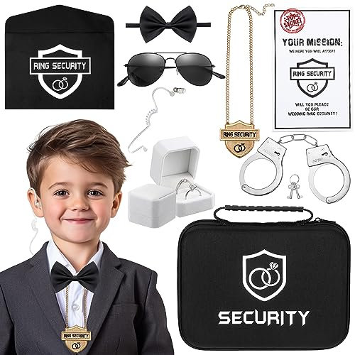 Mepase 9-teiliges Ring-Set für Hochzeit, Sicherheitssicherheitsset mit Ringträgerbox, akustischem Hörer, Spielzeug, Aktentasche, Sonnenbrille, Karte, Umschlag, Halskette, Fliege, Spielzeug,
