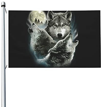 Leichte Flagge, doppelseitig, drei Wolf und Mond, 90 x 150 cm, mit Metallösen, Outdoor-Gartendekoration