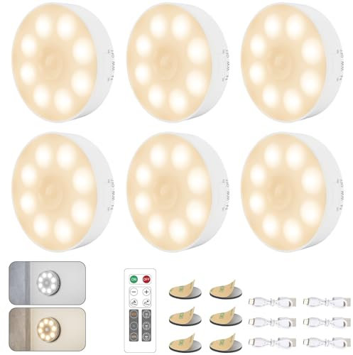 Schrankbeleuchtung mit Fernbedienung, [3 Farben] Kabellos Nachtlicht mit Bewegungsmelder, Bewegungslicht mit Batterie, Dimmbar Puck Light Schranklicht mit Timer, für Flur, Küche, Treppen - 6 Stück