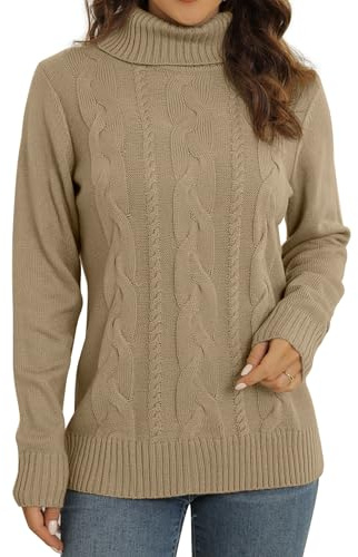 QIXING Women's Jumper Turtle Neck Cable Knit Ribbed Sweater Long Sleeve Tops for Women UK Chunky Knit Ladies Pullover