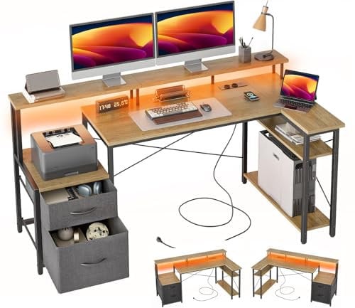 BEXEVUE L Shaped Desk with LED Power Outlets, 165x80cm Computer Desk with 2 Drawers, Gaming Desk with Reversible Storage Shelves Corner Desk, Large Monitor Stand, Table for Home Office, Grey