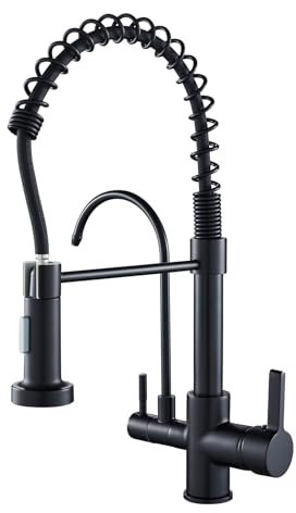 KEOKBON 3 Way Tap 360° Swivel Drinking Water, 3 in 1 Kitchen Sink Tap 2 Handles with Spring Pull Out Sprayer Commercial Triflow Kitchen Water Mixer, Filtered Water Faucet Black UK Standard