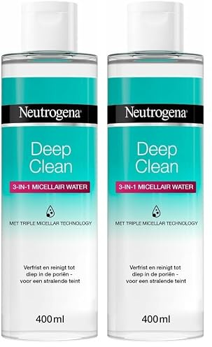 Neutrogena Deep Clean 3-in-1 Mizellenwasser Reinigungswasser, 2 x 400 ml | Parfümfreie Gesichtsreinigung ohne Alkohol, sanfter Make-Up Entferner, Mizellen Reinigungswasser für alle Hauttypen