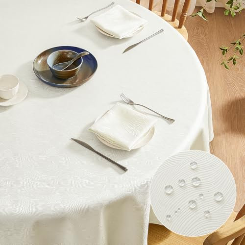 Softalker Weihnachts Tischdecke Rund 160 Beige abwaschbar Jacquard-Wellenmuster Wasserabweisend Abwischbar Fleckschutz Tischtuch Tablecloth für Outdoor Party Geburtstag Silvester Hochzeit Winter
