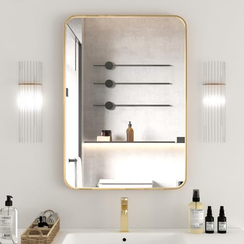 CASSILANDO Wandspiegel Badezimmerspiegel, 50x71cm Gold rechteckiger Spiegel mit Aluminiumlegierung Rahmen, abgerundete Ecke hängender Spiegel Dekor für Eingang, Schlafzimmer, Wohnzimmer