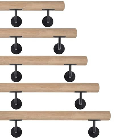 TIBU Eiche Holz Handlauf keilgezinkt unbehandelt Geländer 0,3m - 6m, Länge 190 cm und 2 Edelstahl Halter Schwarz