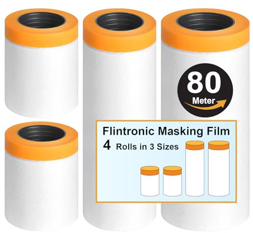flintronic Pellicola Adesiva per Mascheratura,4 Rotolo * 3 Dimensioni Plastica Film, Polietilene con Nastro Adesivo, Rotezione Pareti, Muri, Battiscopa, Mobili, Telo Copritutto, Dimensioni