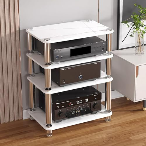 GUAWJRZDP Hi Fi Rack, Mehrschichtiges Audio Rack Hi Fi Regal, Plattenspieler Regal, Hi Fi Regal Aus Edelstahl, mit Glasregal, CD-Media-Player-Ständer Phonoschrank(Wit,4-Tier)