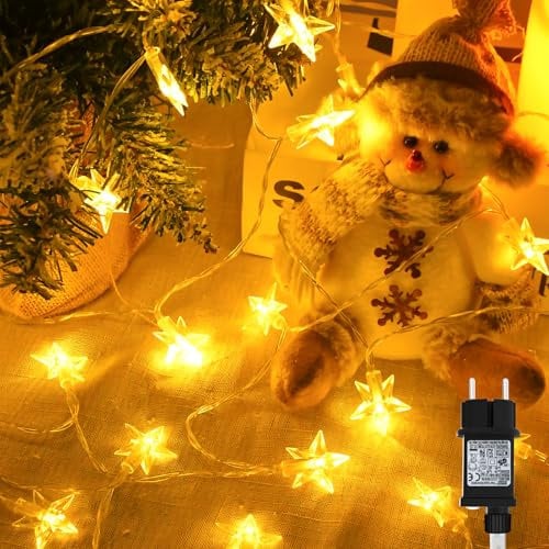 cshare Lichterkette Sterne Außen, 15M 100LED Fünfzackiger Stern Lichterketten mit Stecker 8 Modi Timer IP65 Wasserdicht Lichterkette für Weihnachten Garten Innen Außen Dekorationen,Warmweiß