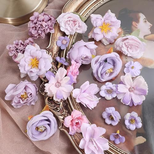 Fiori Finti Artificiali Teste,24 Pezzi Fiore Decorativo Multicolore Simulazione,Mini Fiori Finti Seta,Teste di Fiori Artificiali Decorazioni per Decorazioni da Giardino, Matrimoni e Feste(Viola)