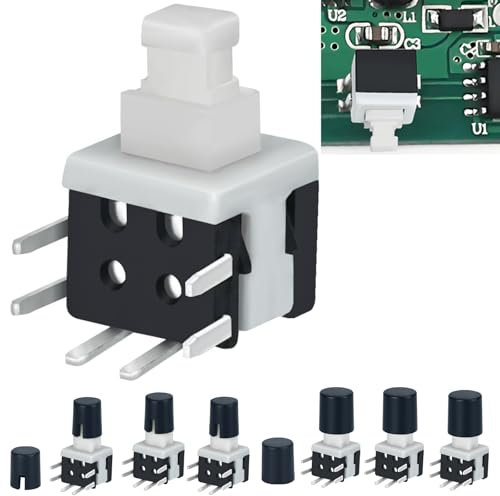30Pcs Micro Latching Push Button Switch Side Plug-in Circuit Board 5.8 * 5.8mm 0.23inch SPDT 6Pin On Off Self-Lock Mini Power Button with Switch Cap DC 30V 0.1A