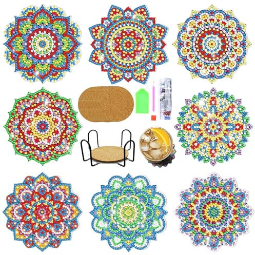 Sous-verres d'art de diamant | Sous-verre d'art de diamant avec support,8 pièces bricolage sous-verres Kits de peinture diamant pour débutants, adultes et fournitures d'artisanat d'art