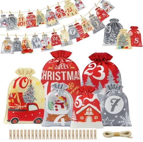 Adventskalender zum Befüllen,24 Stk Adventskalender Selber Befüllen Kinder,Adventskalender Säckchen Stoff,Groß & Klein Größen Adventskalender Tüten,Leere Weihnachtskalender Selbst Befüllen Ideen