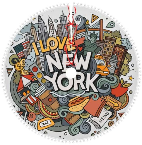 Cartoon-Weihnachtsbaumrock mit Pompon, niedliches New York, amerikanisches Thema, geeignet für Weihnachtsbaumrock 122 cm, Baummattenabdeckung